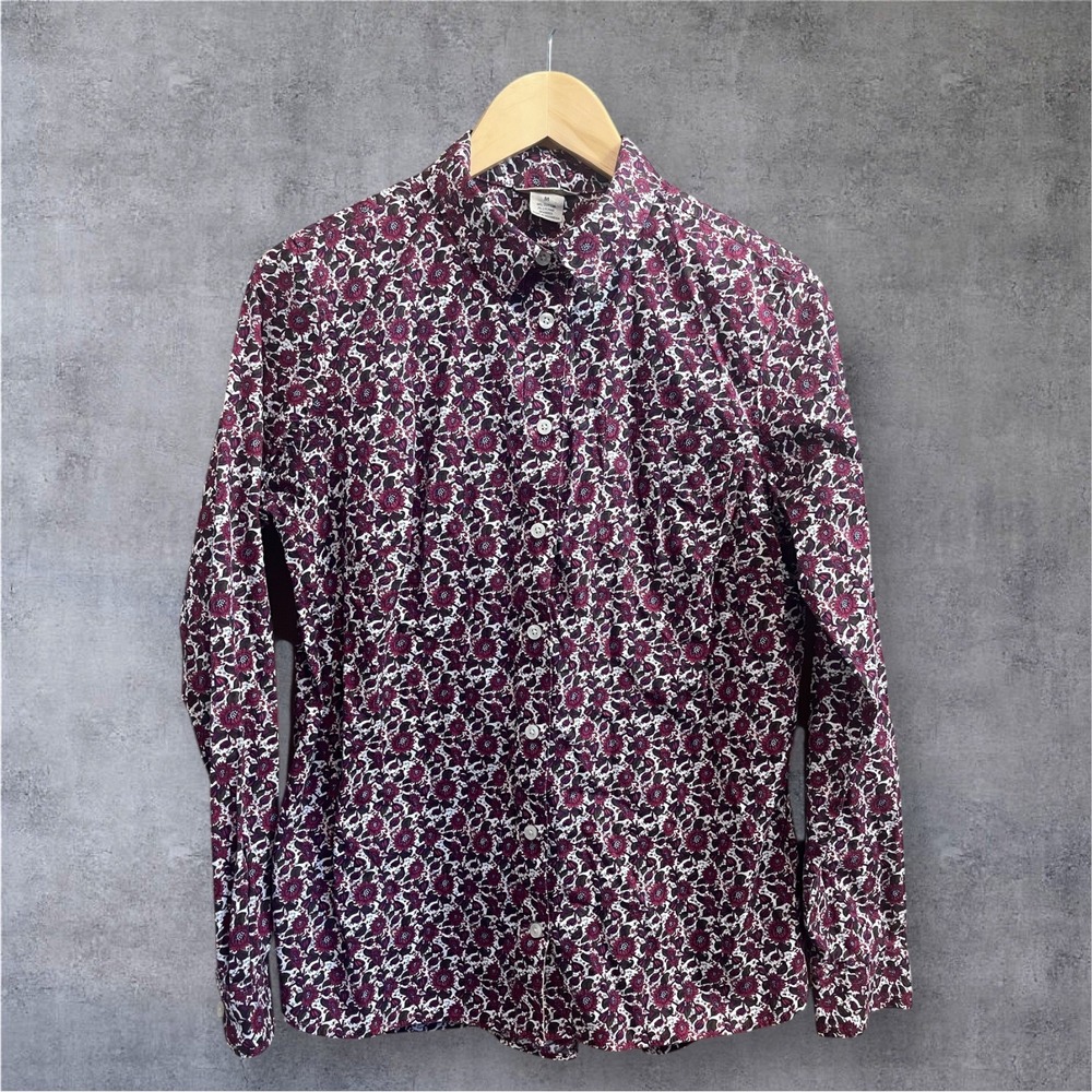 Duluth Trading Co Floral Button Down Shirt Womens Medium Burgundy Stretch Cotton